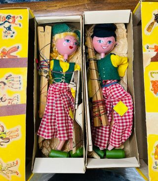 2 Vintage Pelham String Puppet Marionette Dutch Girl Boy Hand Made Blonde Wood