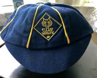 Vintage 1940s Official Bsa Boy Cub Scout Uniform Blue And Gold Beanie Cap Hat