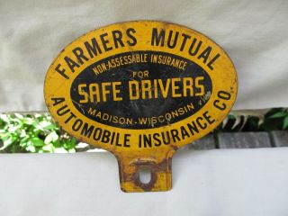 Vintage License Plate Topper / Farmers Mutual Automobile Insurance / Madison Wi