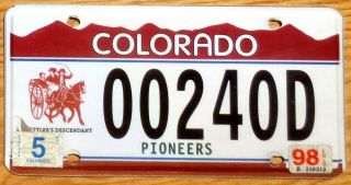 1998 Colorado Specialty License Plate Number Tag – Pioneers Settler’s Descendent