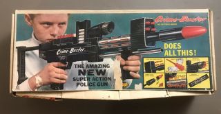 Vintage 1965 Topper Toys Crime - Buster Action Police Gun Playset & Box