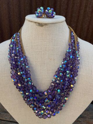 Stunning Vintage 1950 - 60s Purple Ab Crystals Necklace & Earrings Christian Dior?