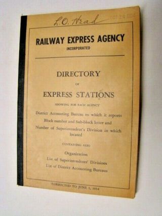 1934 Railway Express Agency Directory Of Stations National Package Delivery Serv