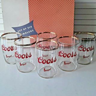 Vintage Coors Banquet Tumblers Set Of 6 Box Red Gold Trim Beer Glasses