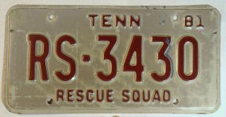 Tennessee Tn License Plate Tag Vintage 1981 Rescue Squad Rs - 3430 Specialty W
