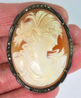 Vintage 800 Silver & Marcasite Carved Shell Cameo Brooch Pendant