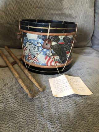 Antique Centennial 1800’s Victorian Childs Toy Drum Eagle Flag Uncle Sam W/note