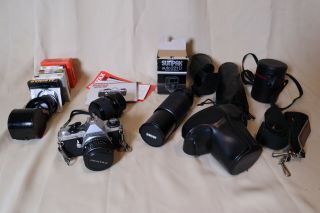 Pentax Me Vintage Camera 35mm Film,  3 Lenses,  Flash Complete Bundle