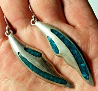 Vintage Sterling Silver Crushed Turquoise Earrings Taxco Mexico 2.  75 " Long 11.  1g