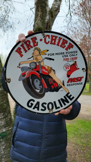 Vintage Old Texaco Fire Chief Gasoline Motor Oil Porcelain Gas Fuel Station Sign