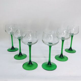 6 X Vintage Luminarc Retro Green Stem Rhine Wine Glasses 6.  5” France 1970s