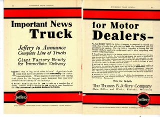 1910 Thomas B.  Jeffery Co.  2 Separate Pg.  Ad: Truck Mfg.  Announcement.  Kenosha