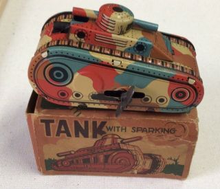 1940’s (?) C.  K.  Kuramochi Trademark Japan Tin Windup Toy Tank With Sparking