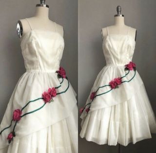 Vintage 1950’s Figural Roses Pin Up Party Prom Dress Size Xs Cottagecore Charm
