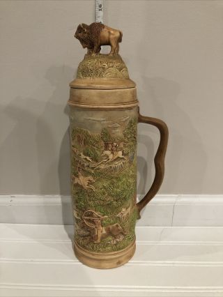 Large 14” Beer Stein With Lid - Native American And Buffalo Graphics And Lid.