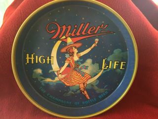 Vtg Miller High Life Girl On Moon 12 " Round Metal Tray
