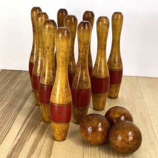 Ten Pin Vintage Wooden 8 " Bowling Set Game 10 Pins 3 Wood Balls Antique Display