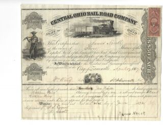 Central Ohio Rail Road Co.  Stock Certificate - Zanesville Ohio 1867