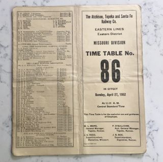 Vintage Railroad Employee Timetable Atchison Topeka & Santa Fe Rr Tt 1952 86