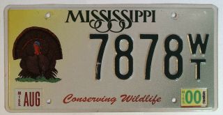 Mississippi Ms Miss License Plate Tag Vintage Wild Turkey Specialty 2000 7878wtm