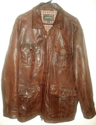 Orvis Vintage Brown Leather Hunting Style Jacket Back Buckles Flap Pockets - L