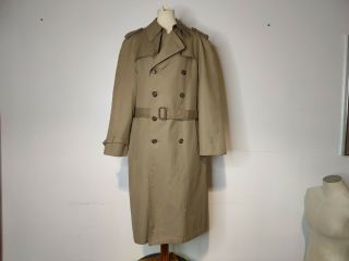 Vtg 80s Christian Dior Monsieur Khaki Trenchcoat Wool Lining 42l Double Breasted