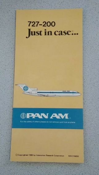 Pan Am 727 - 200 Airline Safety Card,  Dated 1980,  Boeing 727 - 200