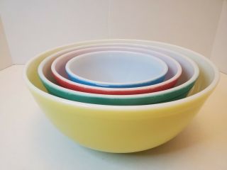 Vintage Pyrex Nesting Mixing Primary Colors Bowls - Set Of 4