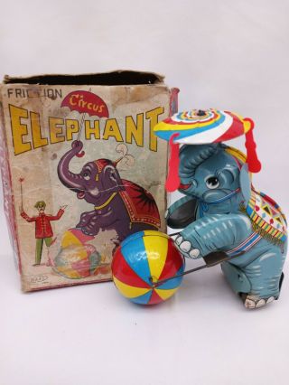 Vintage Haji Japan Tin Litho Friction Circus Elephant With Box