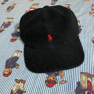 Vintage Polo Ralph Lauren Fleece Black 6 - Panel Fitted Dad Hat Cap Pony Elastic