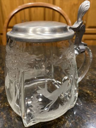 Vintage Rein Zinn Etched Glass Beer Stein Pewter Lid Deer Pheasant Trees German
