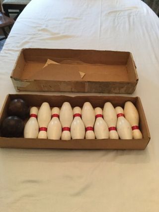 Buckeye Vintage Wooden 7.  5” Ten Pin Bowling Set Game W Balls