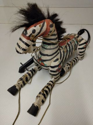 Antique Carved Wooden Zebra Marionette Puppet Large Folk Art Handpainted
