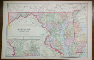 Vintage 1903 Maryland Delaware Dc Map 22 " X14 " Old Antique Annapolis