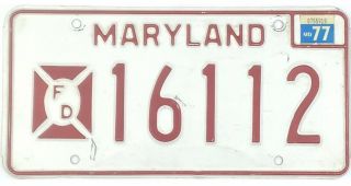 1977 Maryland Fire Department Firefighter License Plate 16112