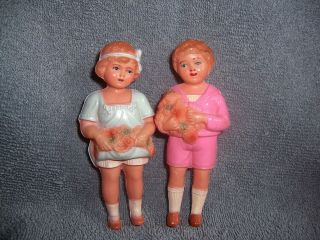 Antique Vintage Celluloid Boy - Girl Doll House Twins Marked German ? Baby Rattles