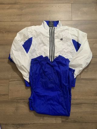 Vintage 90s Adidas 3 Stripe Track Suit White Blue Black Jacket Pants Mens Size L