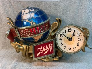 Vintage Schlitz Beer Bar Advertising Sign Lighted Rotating Globe & Clock ©1976