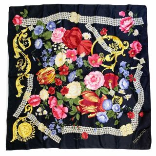 Vintage Mikimoto Black Floral Pearl Scarf 35” X 35” Euc