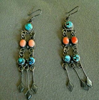 Old Native American Navajo Multi - Stone Sterling Silver Chandelier Earrings 4 "