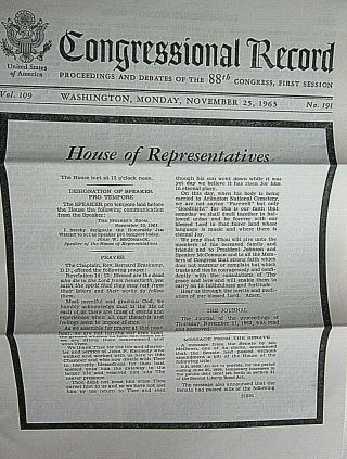 Vtg Congressional Record Nov 25 1963 Jfk Assassination Mccarthy Vol 109 191 Vg