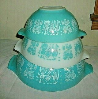 3 Pc Vintage Pyrex Amish Butterprint Turquoise Mixing Bowls 442 443 444