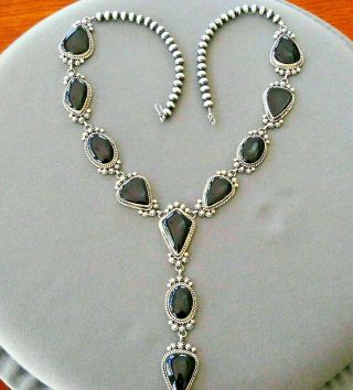 Kathleen Yazzie Native American Navajo Onyx Sterling Silver Lariat Bead Necklace