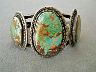 Native American Pilot Mountain Turquoise 3 - Stone Sterling Silver Cuff Bracelet
