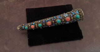 Vintage Chinese Silver,  Enamel And Stone Finger Guard Brooch