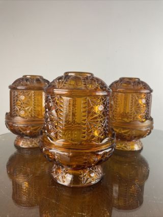 Vtg Stars & Bars 6.  5 " Amber Fairy Lamps Indiana Glass Candle Holders Set Of 3