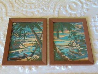 Pair Vintage Paint By Number Paintings Tropical Wall Art Wood Frames W/glass
