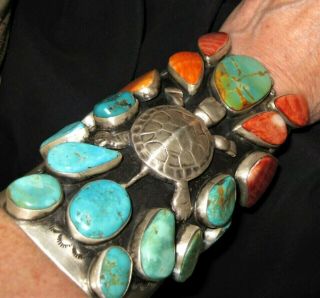 NAVAJO TURTLE BRACELET Spectacular Turquoise Spiny Oyster Cuff 5.  5 