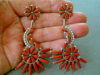 A.  Pinto Native American Zuni Coral Cluster Sterling Silver Post Earrings