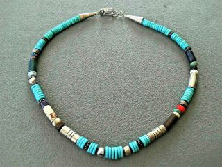 Tommy Singer Navajo Multi - Stone Sterling Silver Bead & Heishi Bead Necklace